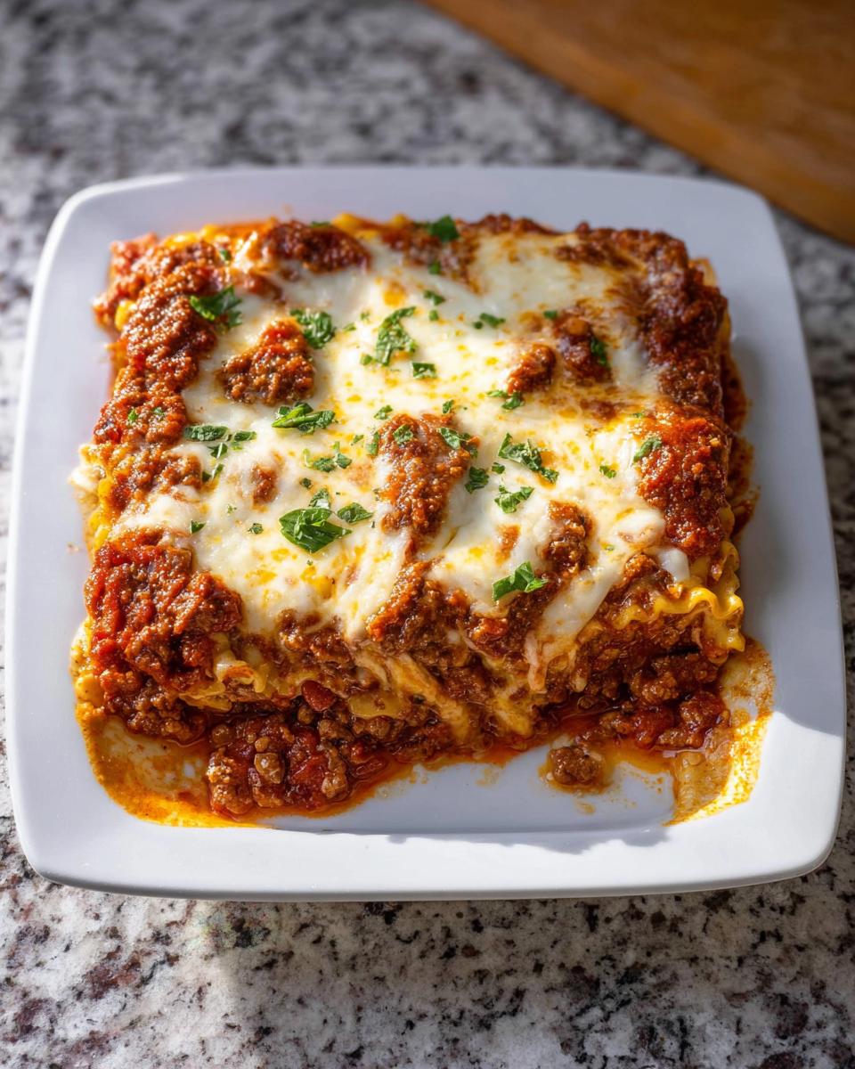 A square serving of Easy Weeknight Lasagna Bake with Mozzarella topped with melted cheese and parsley.