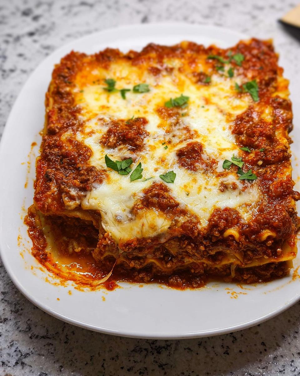 A square serving of Easy Weeknight Lasagna Bake with Mozzarella, topped with melted cheese and parsley.