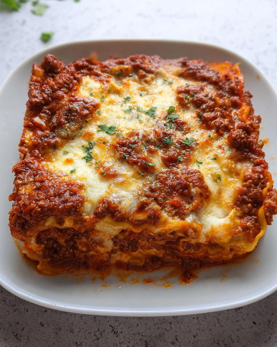 A square serving of Easy Weeknight Lasagna Bake with Mozzarella, topped with melted cheese and sauce.