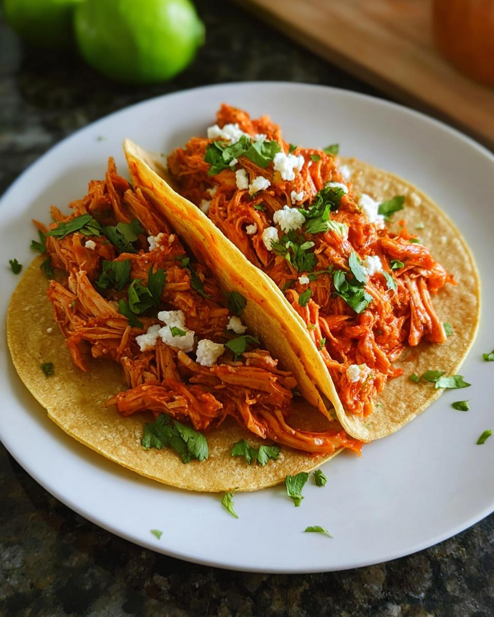 Two corn tortillas filled with shredded Fast Salsa Chicken, topped with crumbled white cheese and cilantro.