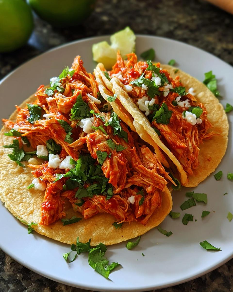 Two corn tortillas filled with shredded Fast Salsa Chicken, topped with cotija cheese and fresh cilantro.