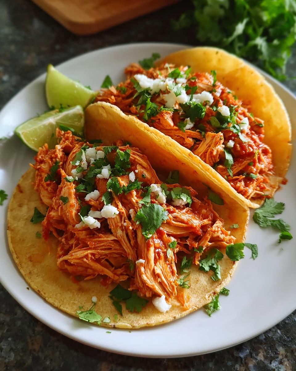Two corn tortillas filled with shredded Fast Salsa Chicken, topped with cotija cheese and cilantro.