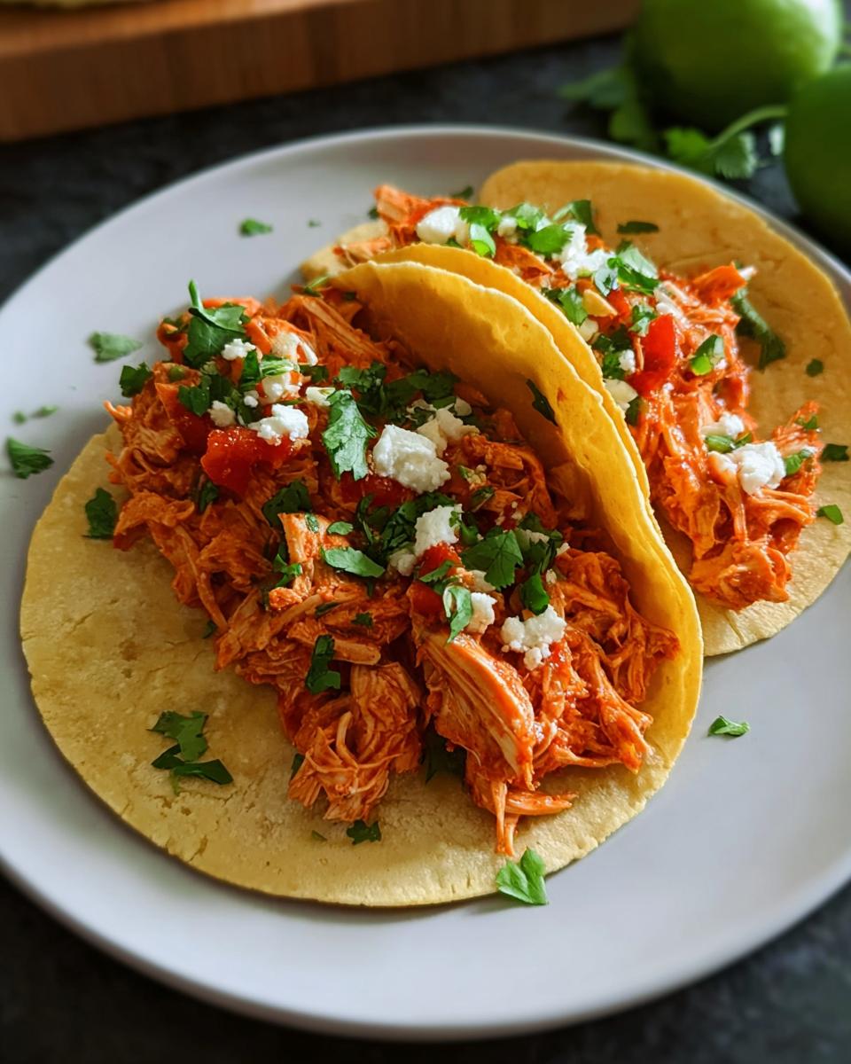 Two soft corn tortillas filled with shredded Fast Salsa Chicken, topped with queso fresco and cilantro.