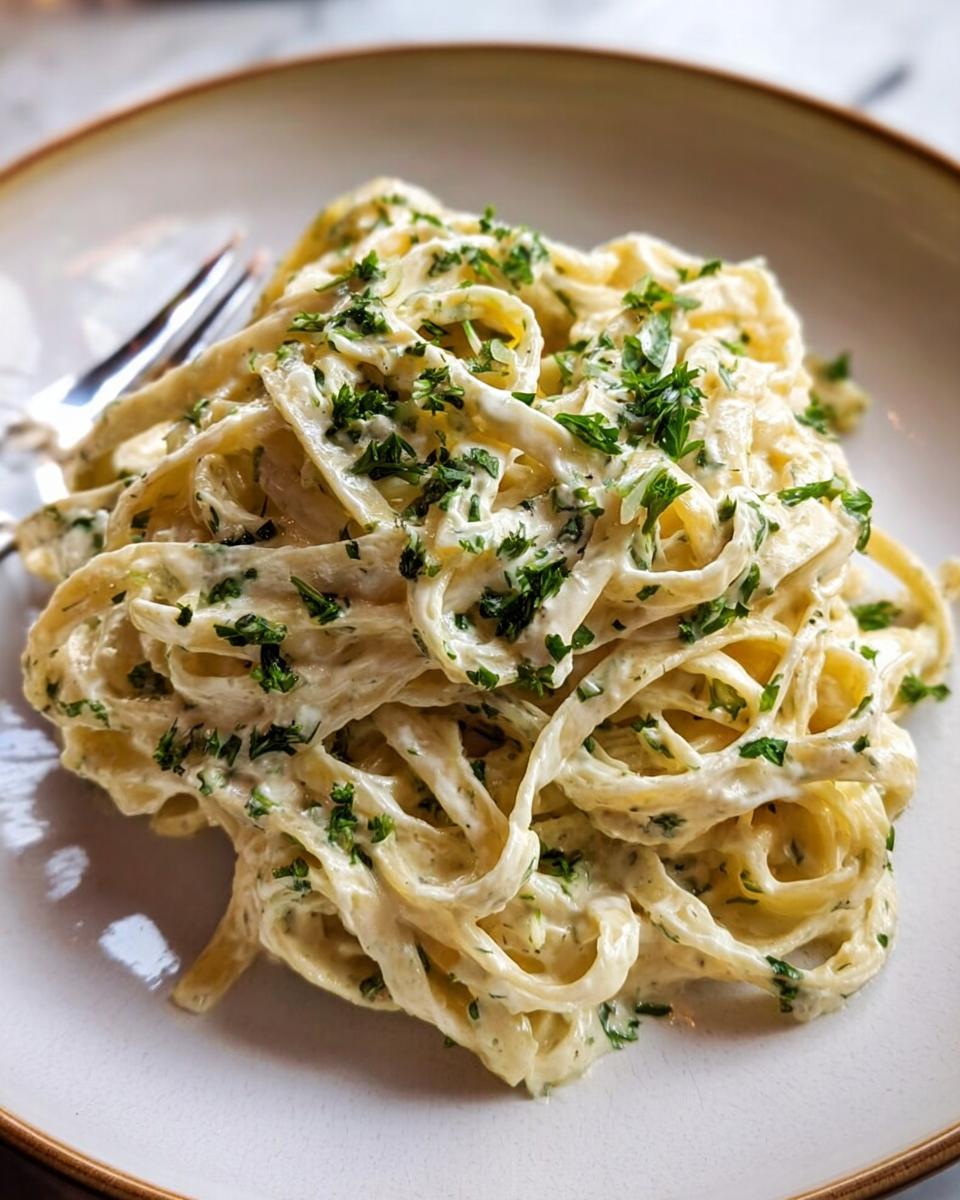 Close-up of fettuccine pasta coated in rich, Creamy Alfredo Sauce and topped with fresh chopped parsley.