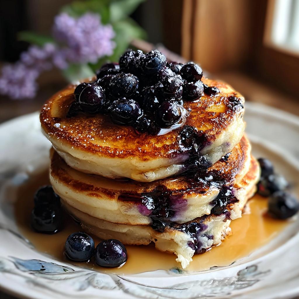 A tall stack of fluffy Blueberry Pancakes with Bursting Berries topping and syrup.