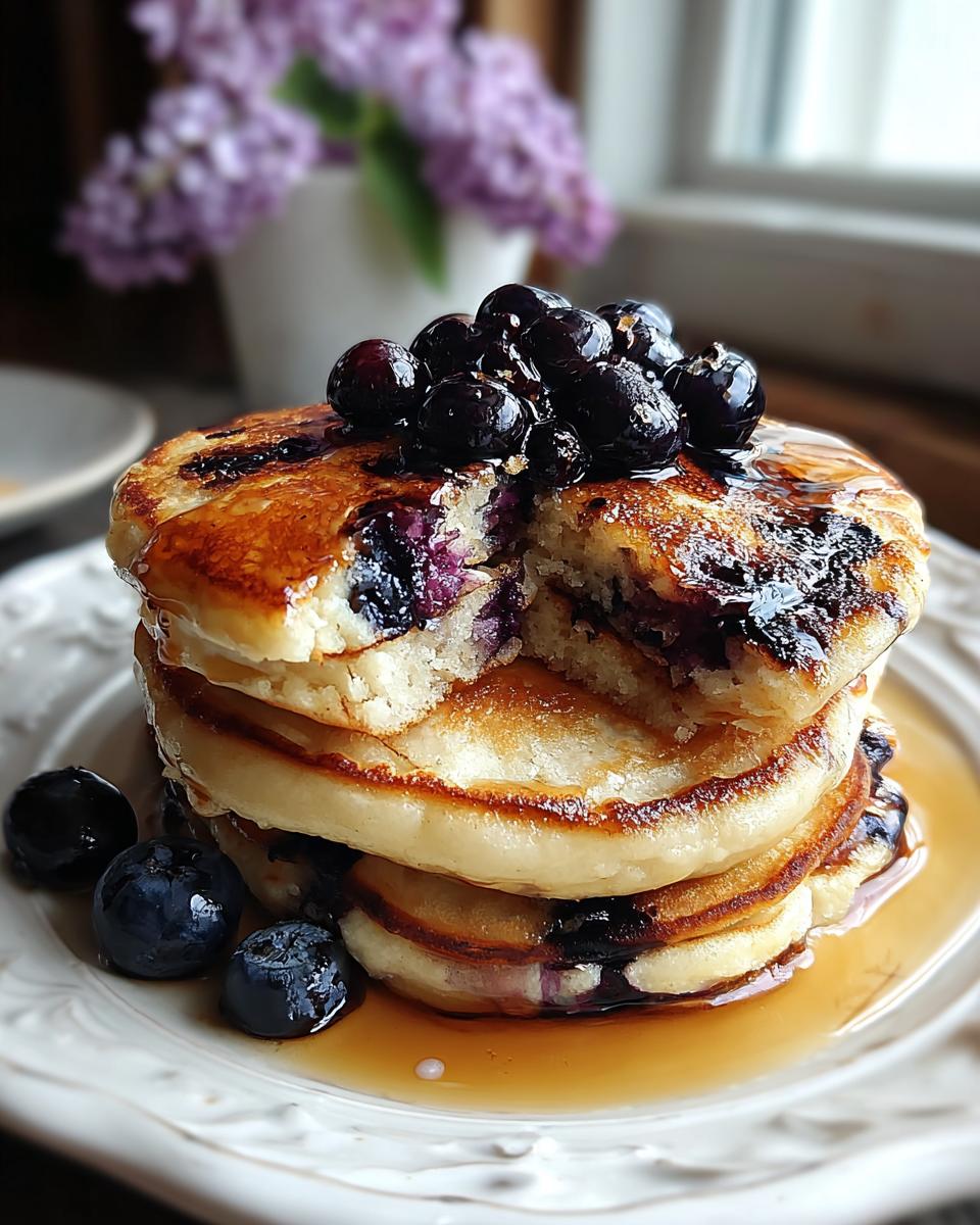 A stack of fluffy Blueberry Pancakes with Bursting Berries, drizzled with syrup.