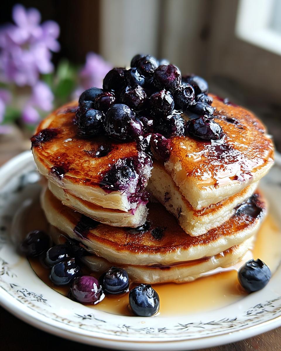 A stack of fluffy Blueberry Pancakes with Bursting Berries, drizzled with syrup.