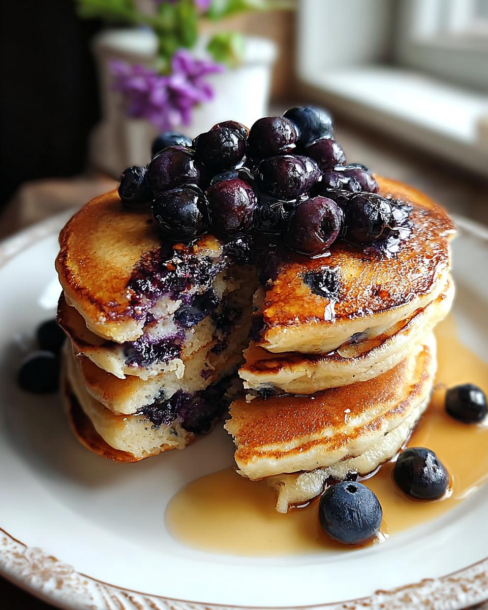 A tall stack of fluffy Blueberry Pancakes with Bursting Berries, drizzled with syrup.