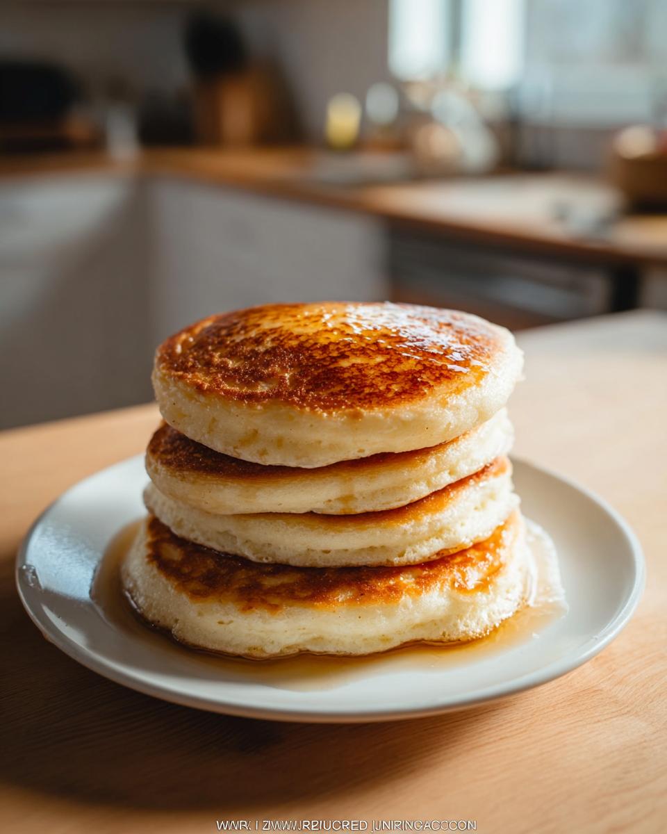 A tall stack of four Fluffy Buttermilk Pancakes with Golden Edges drizzled with syrup on a white plate.