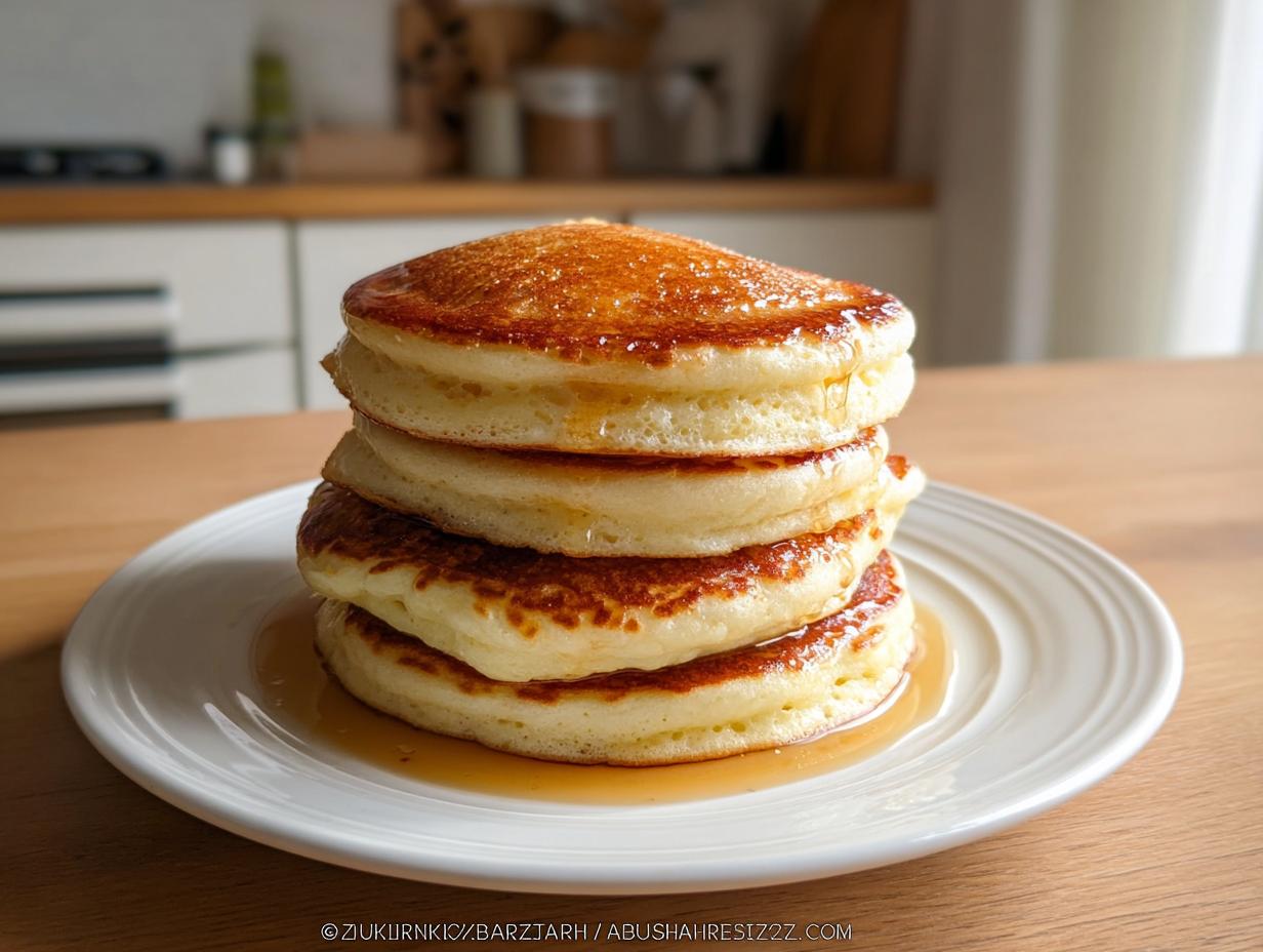 A tall stack of four fluffy buttermilk pancakes with golden edges, drizzled with syrup on a white plate.