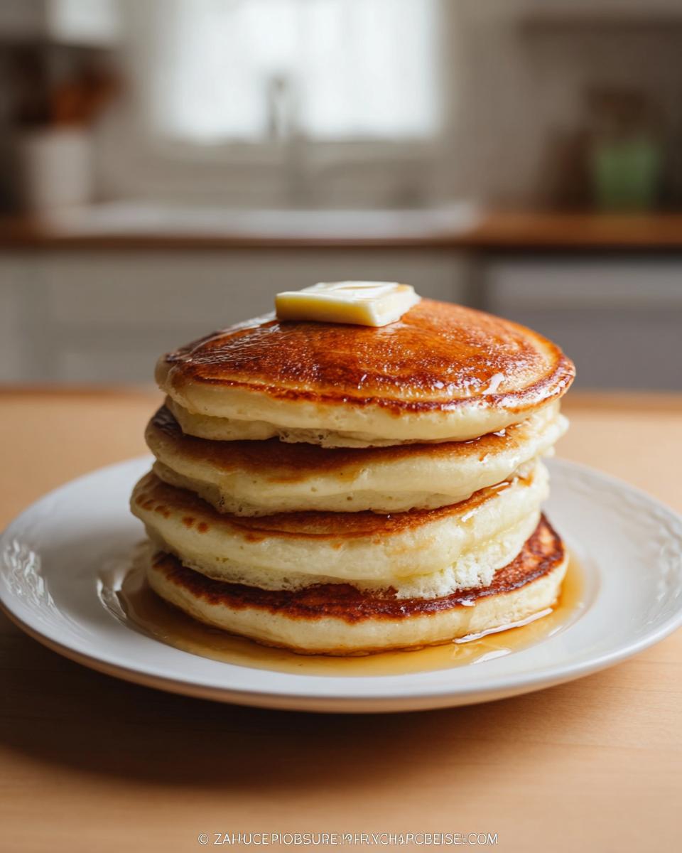 A tall stack of four Fluffy Buttermilk Pancakes topped with melting butter and syrup.