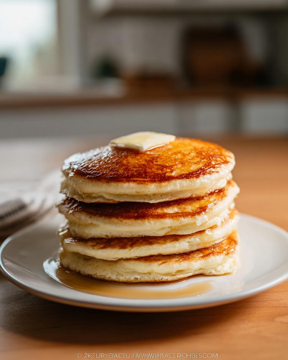 A tall stack of four Fluffy Buttermilk Pancakes topped with melting butter and syrup.