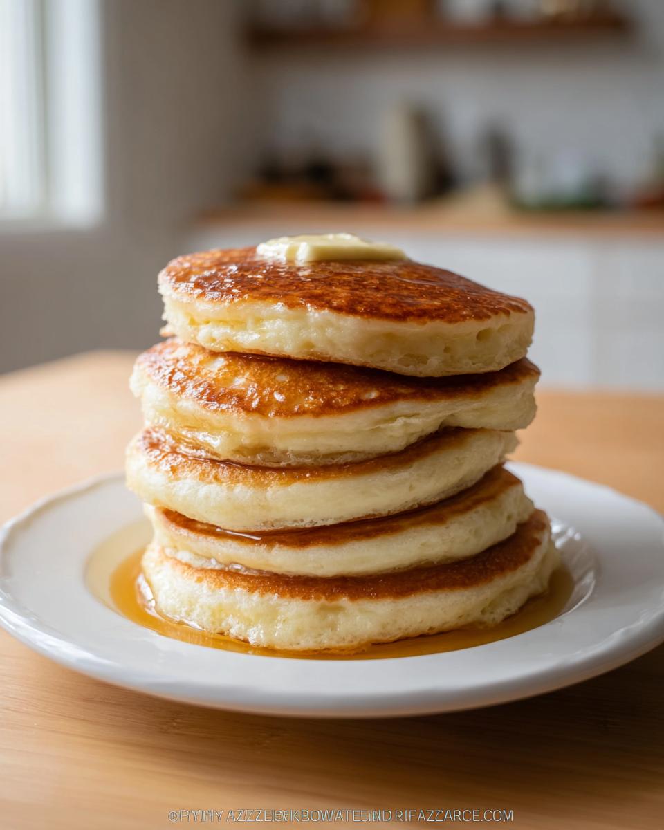 A tall stack of five Fluffy Buttermilk Pancakes with golden edges, topped with melting butter and syrup.
