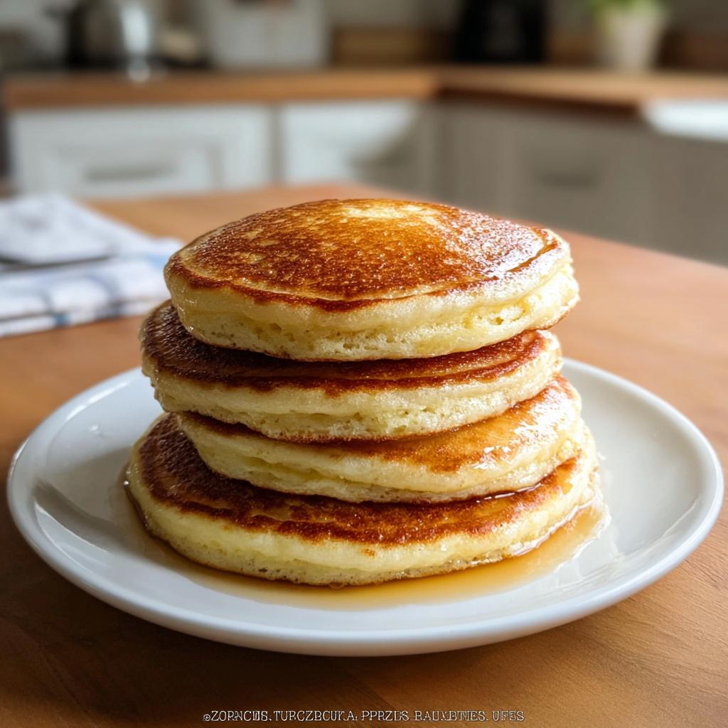 A tall stack of four Fluffy Buttermilk Pancakes with golden edges, drizzled with syrup on a white plate.