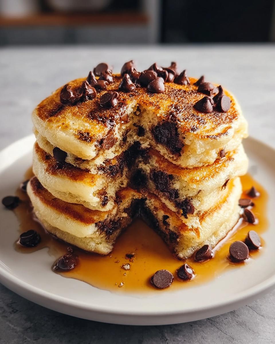 A stack of fluffy Chocolate Chip Pancakes with Soft Centers, cut open to show melted chocolate and drizzled with syrup.