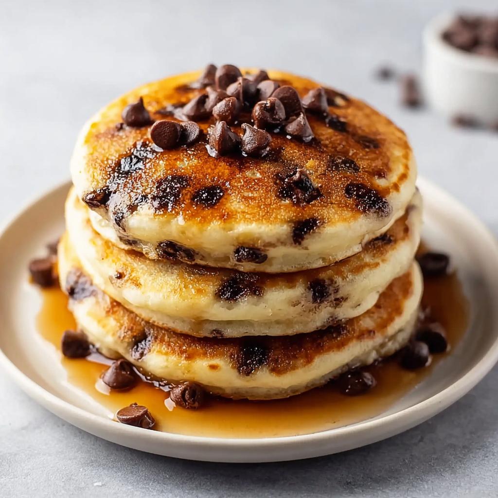 A tall stack of three fluffy Chocolate Chip Pancakes with Soft Centers, drizzled with syrup and topped with chocolate chips.