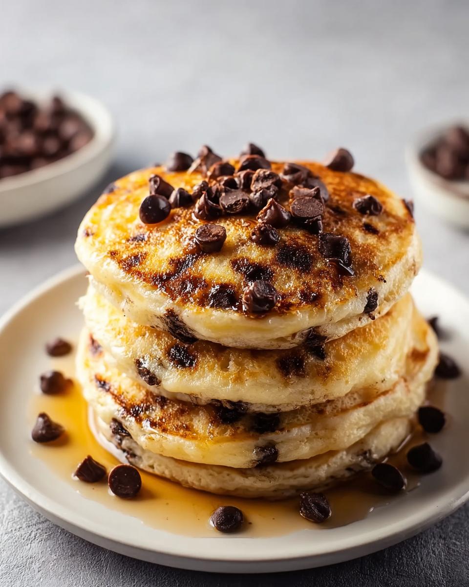 A tall stack of fluffy Chocolate Chip Pancakes with Soft Centers drizzled with syrup.
