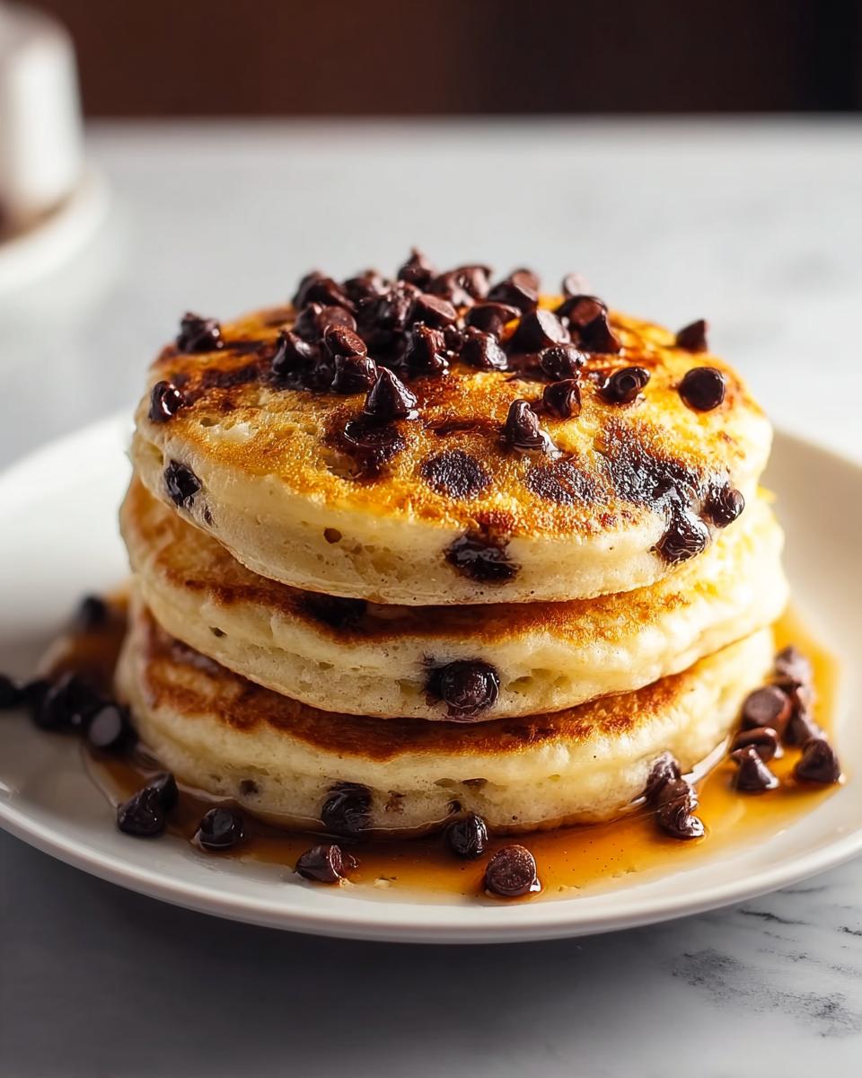 A tall stack of three fluffy Chocolate Chip Pancakes with soft centers, topped with melted chocolate chips and syrup.
