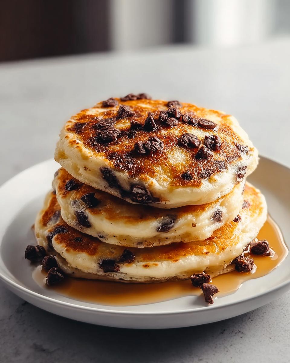 A stack of three fluffy Chocolate Chip Pancakes with Soft Centers drizzled with syrup.