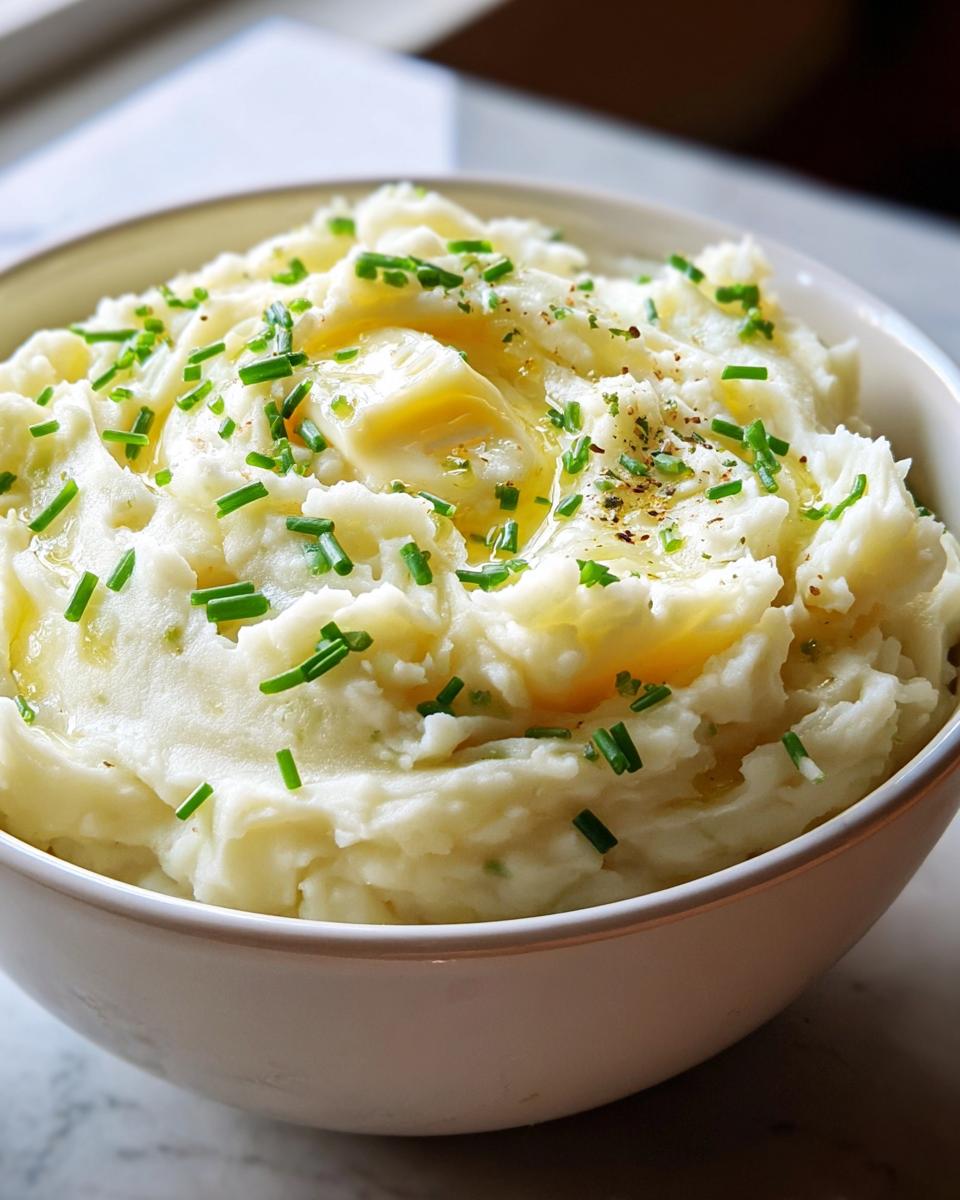 A bowl of fluffy Garlic Mashed Potatoes topped with melting butter, cracked pepper, and fresh chives.