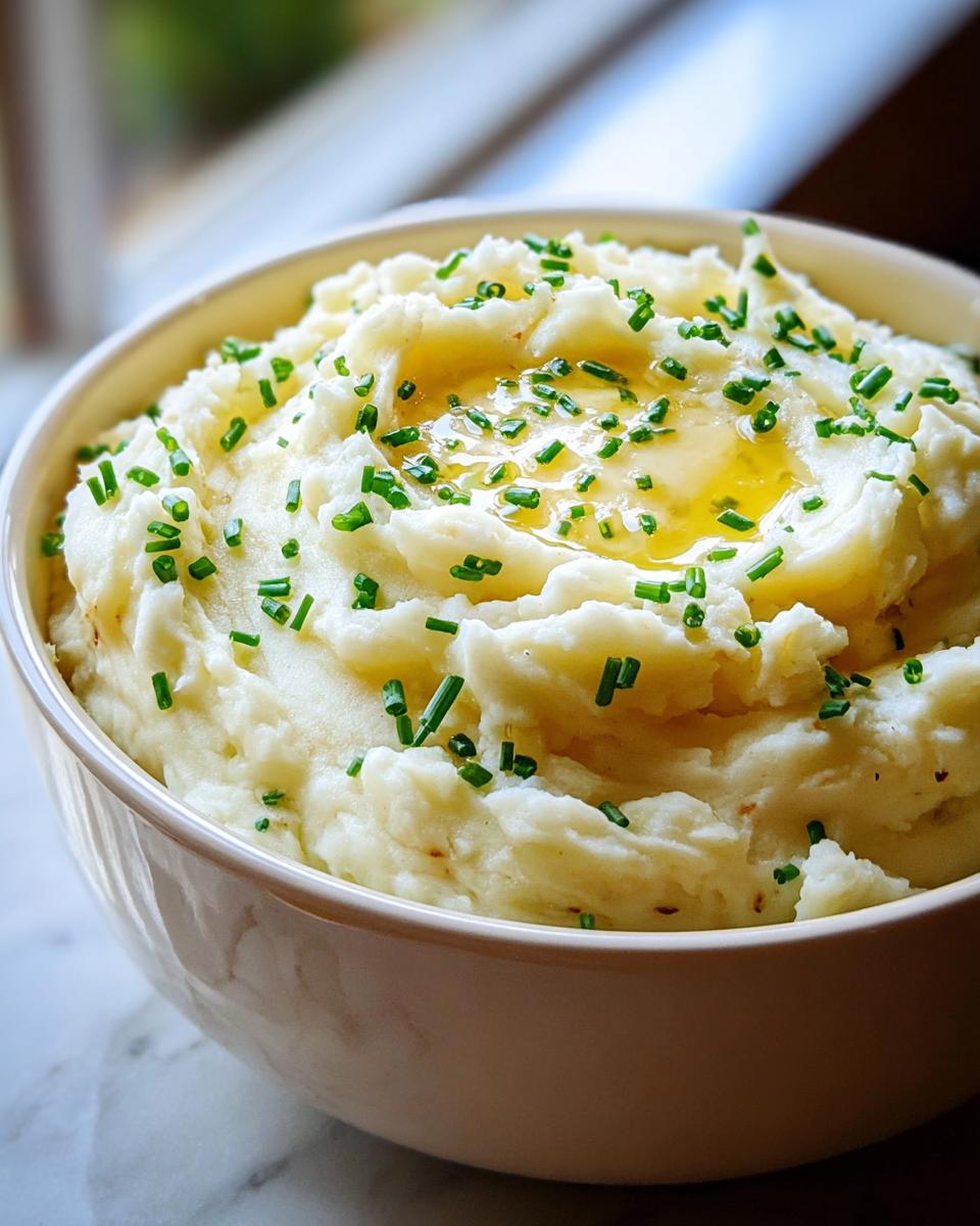 A close-up of fluffy Garlic Mashed Potatoes with melted butter and chopped chives in a white bowl.
