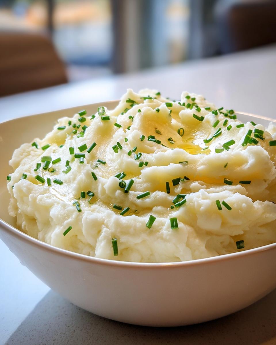 A white bowl filled with fluffy Garlic Mashed Potatoes with Fluffy Texture, topped with melted butter and fresh chives.