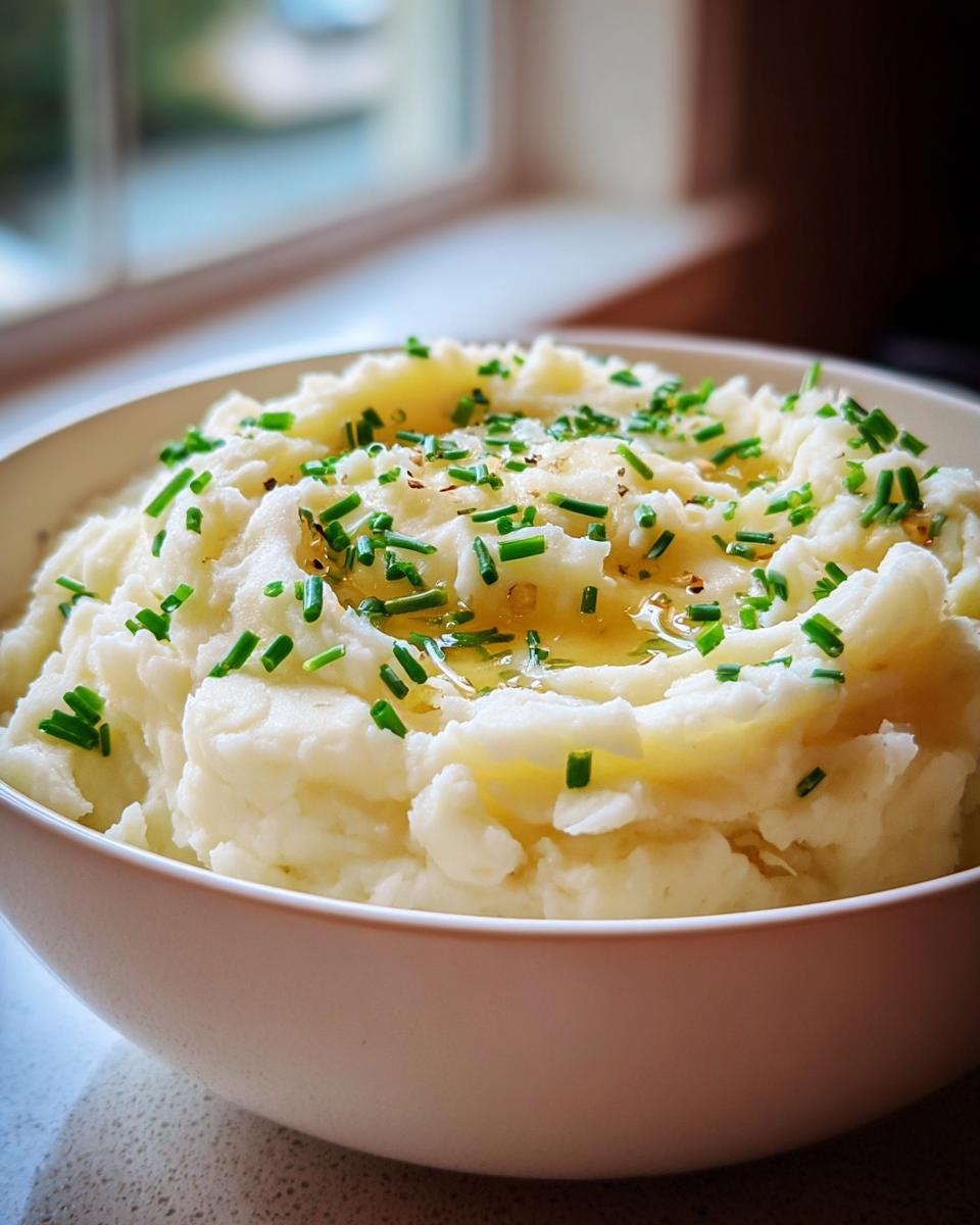 A close-up of a white bowl filled with fluffy Garlic Mashed Potatoes, drizzled with melted butter and topped with fresh chives.
