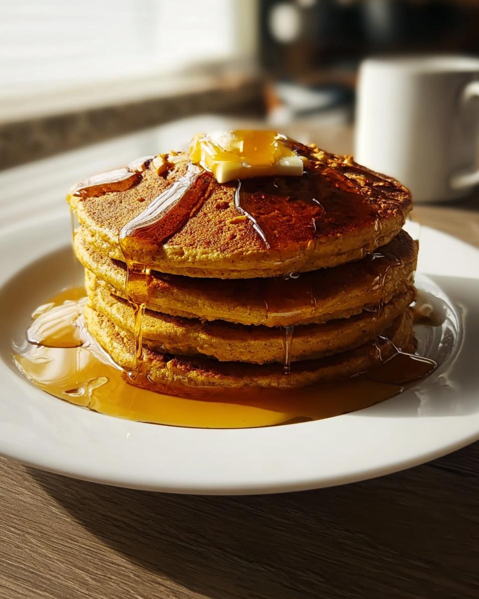 A stack of four fluffy Pumpkin Spice Pancakes topped with melting butter and dripping with syrup.