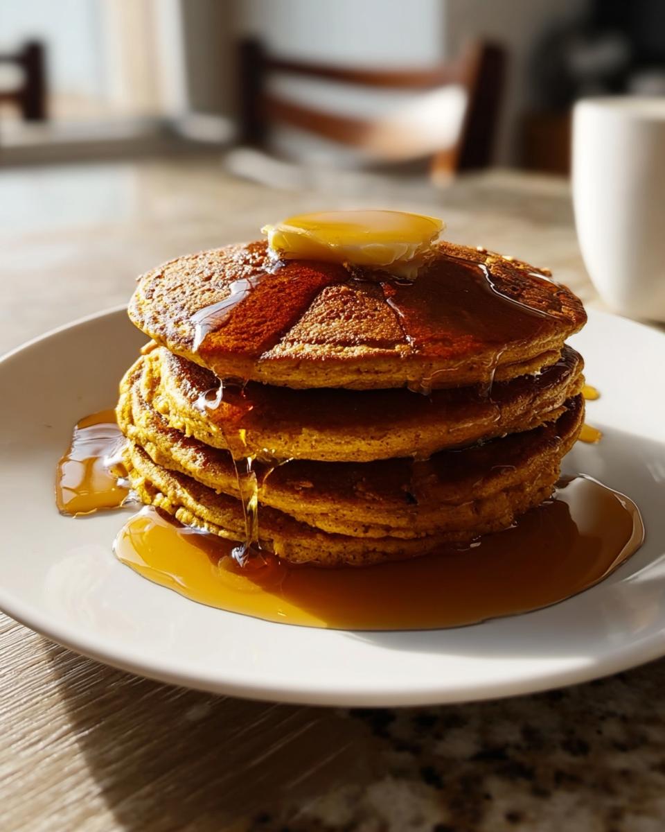 A stack of four fluffy Pumpkin Spice Pancakes topped with melting butter and dripping with maple syrup.
