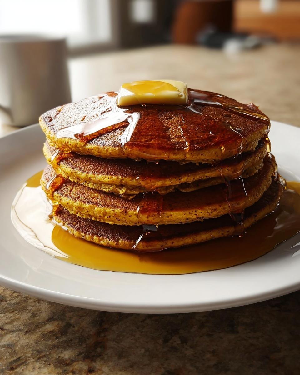 A tall stack of fluffy Pumpkin Spice Pancakes topped with melting butter and drizzled with maple syrup.