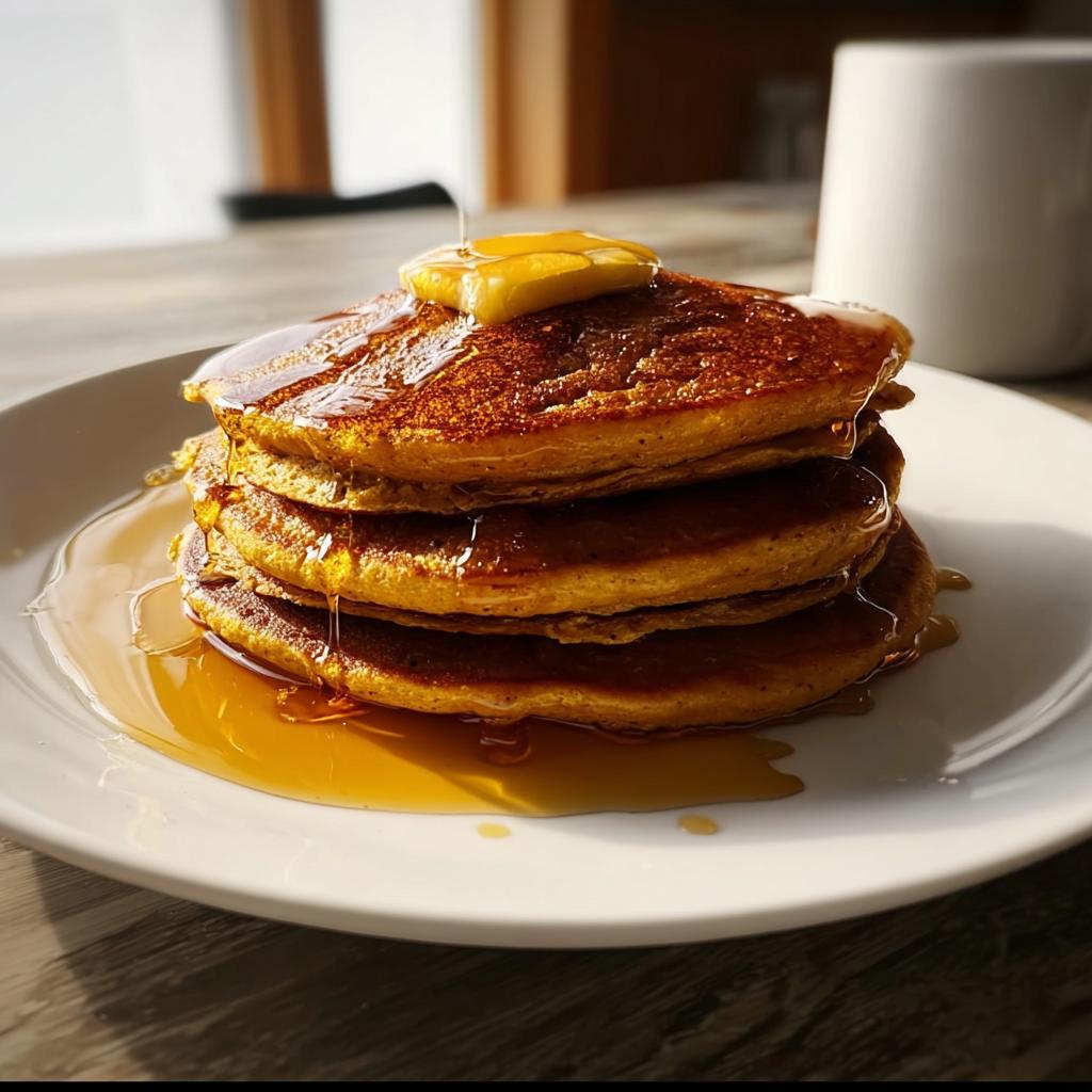 A tall stack of fluffy Pumpkin Spice Pancakes topped with melting butter and drizzled with maple syrup.