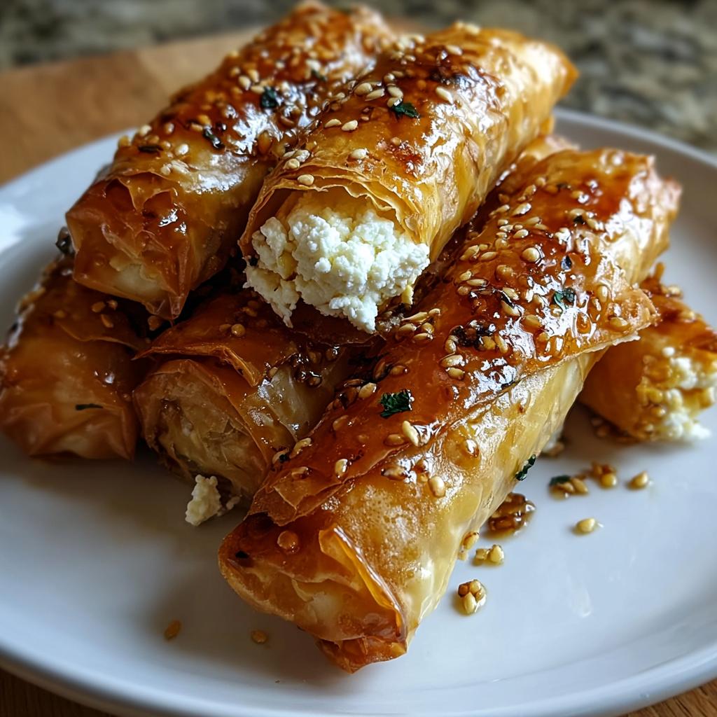 Close-up of crispy Fried Feta Rolls drizzled with chili honey and sprinkled with sesame seeds.
