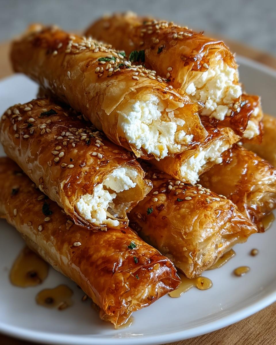 A stack of crispy Fried Feta Rolls drizzled with chili honey and topped with sesame seeds.