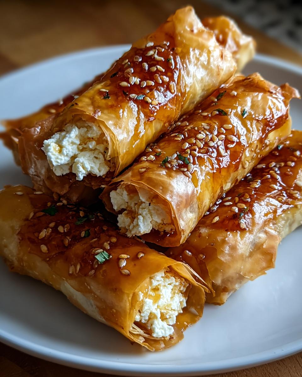 Close-up of crispy Fried Feta Rolls drizzled with chili honey and sesame seeds.
