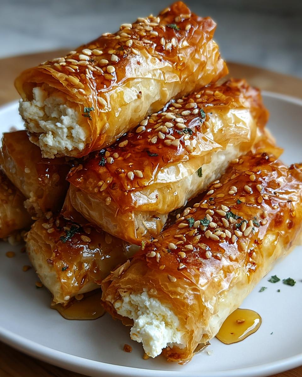 Stack of crispy Fried Feta Rolls with Chili Honey, topped with sesame seeds.