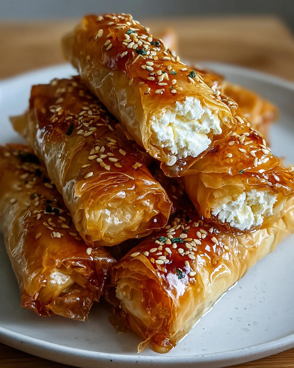 Stack of crispy, golden Fried Feta Rolls drizzled with honey and sesame seeds.