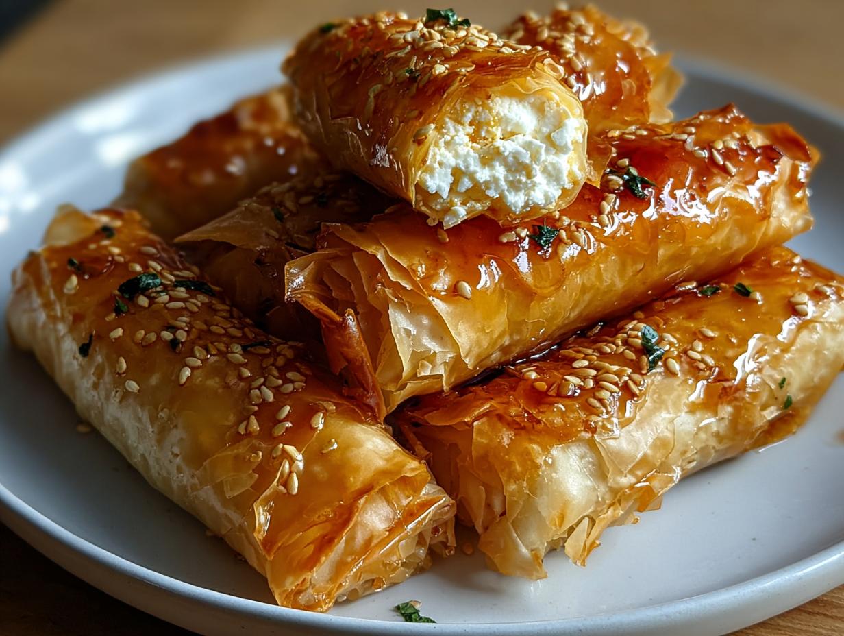 A stack of golden, crispy Fried Feta Rolls drizzled with honey and sesame seeds, one cut open showing the white feta filling.