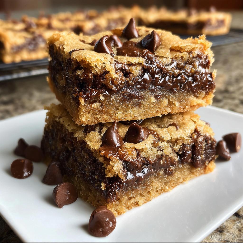 Two stacked squares of Chocolate Chip Cookie Bars with Fudgy Texture, showing gooey melted chocolate.