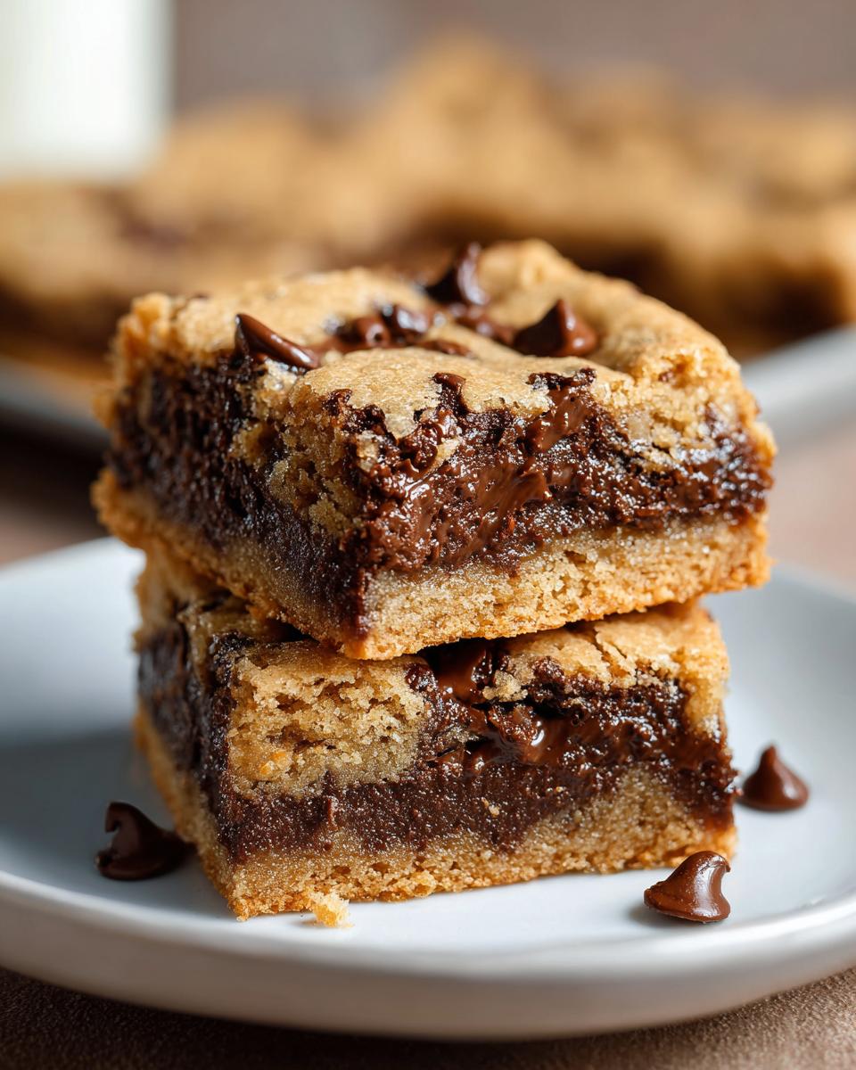 Two stacked Chocolate Chip Cookie Bars with Fudgy Texture showing molten chocolate center on a white plate.