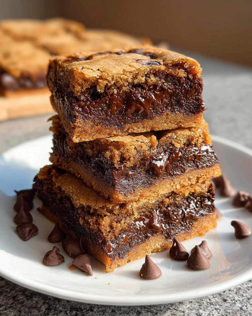 A stack of three Chocolate Chip Cookie Bars with fudgy texture, oozing melted chocolate.