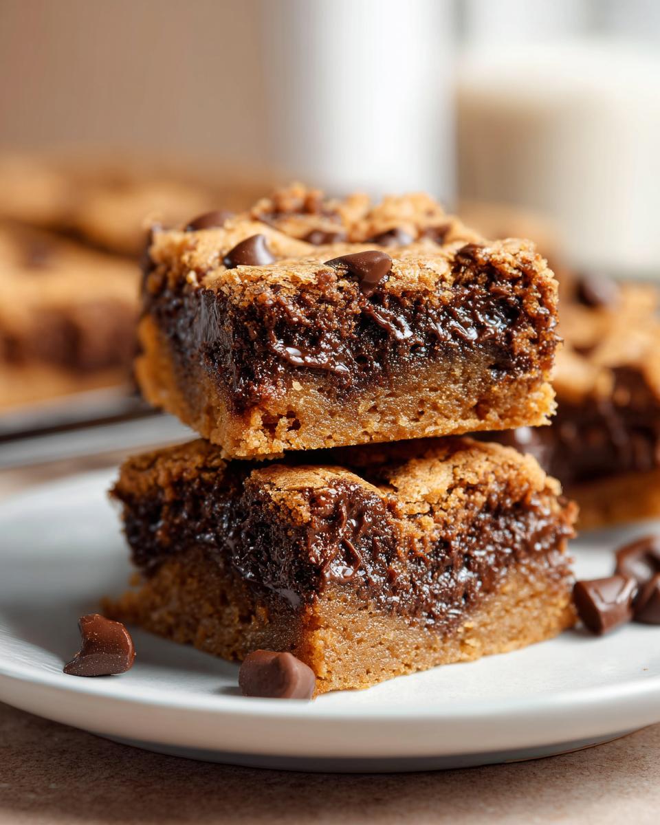 Two stacked Chocolate Chip Cookie Bars with Fudgy Texture showing a gooey center and chocolate chips.