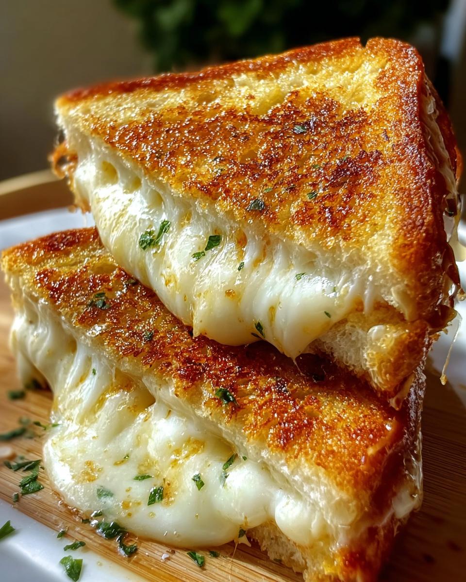 Close-up of two halves of a Garlic Bread Grilled Cheese stacked, showing extreme cheese pull and golden toasted bread.