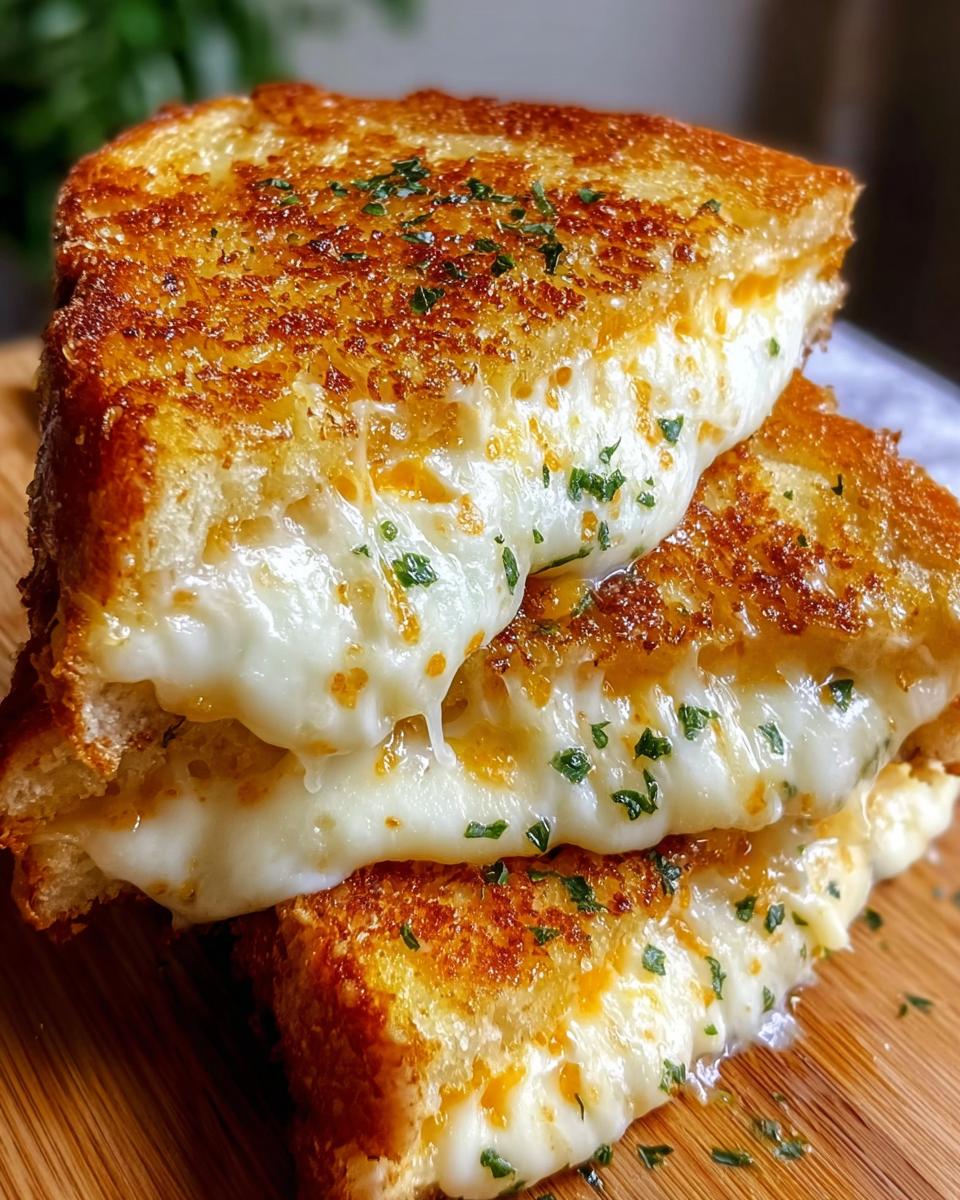 Two halves of a Garlic Bread Grilled Cheese stacked, showing gooey melted cheese and golden, herb-flecked bread.