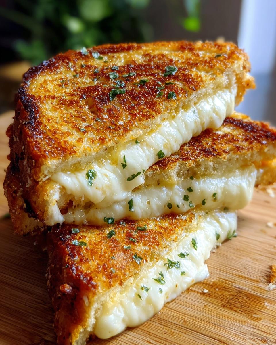Close-up of a Garlic Bread Grilled Cheese sandwich cut in half, showing gooey, melted cheese oozing out.