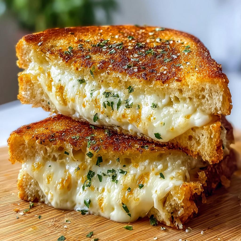 Two halves of a gooey Garlic Bread Grilled Cheese stacked, showing melted cheese and parsley garnish.