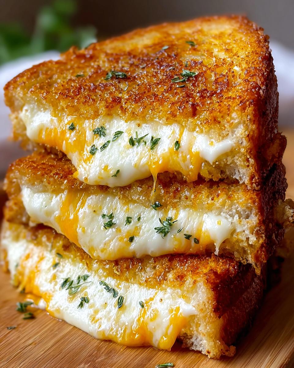 A stack of three halves of Garlic Bread Grilled Cheese showing extreme cheese pull and crispy, herbed exterior.