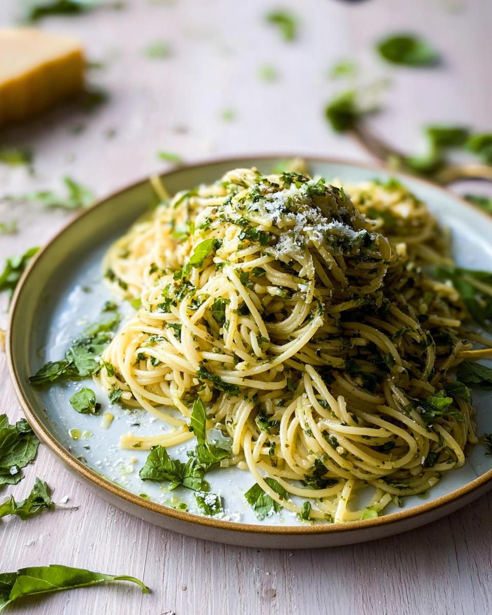 A plate piled high with Garlic Butter Pasta with Parmesan and Herbs, topped with fresh green herbs and grated cheese.