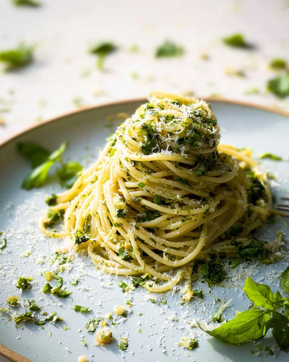 A tall swirl of Garlic Butter Pasta with Parmesan and Herbs, topped with grated cheese and fresh greens.