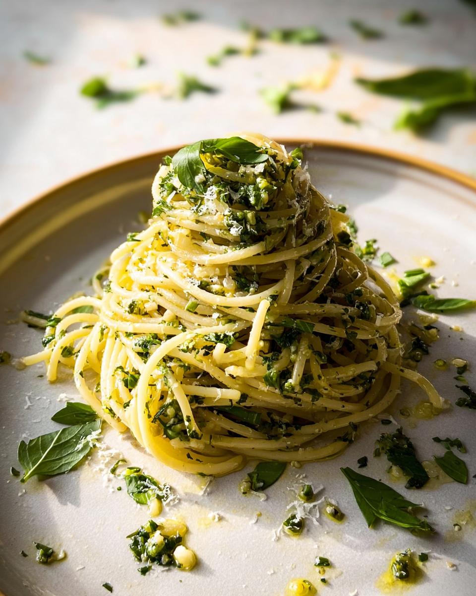A tall swirl of Garlic Butter Pasta with Parmesan and Herbs, topped with fresh basil and grated cheese.