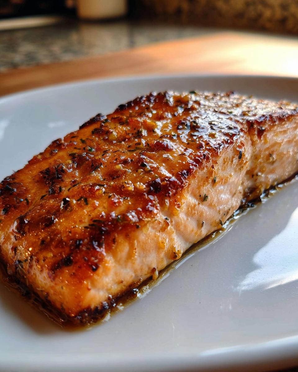 Close-up of a perfectly cooked Garlic Butter Salmon with crispy, caramelized edges on a white plate.